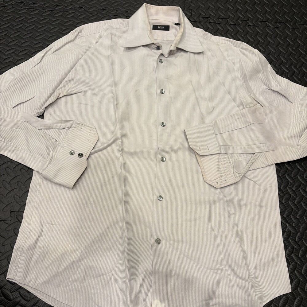 Hugo Boss Dress Shirt Mens Sz 16 34/35 Beige Micro Stripe Large Long Sleeve